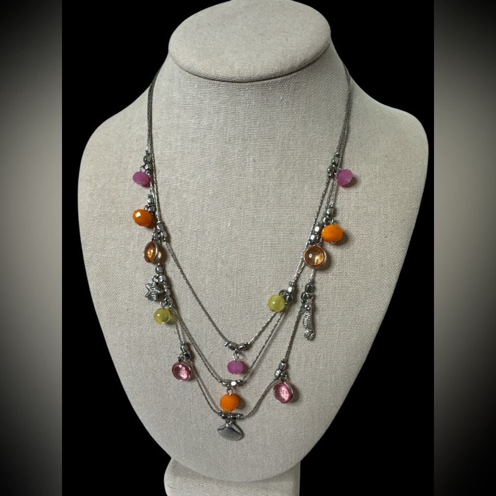 Silvertone 3 Strand Necklace with Seahorse, Starfish and Shell. (B-Q)